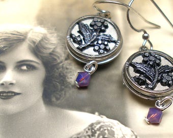 French BUTTON earrings, Victorian Flowers on silver. 1.5" . Antique button jewellery. Unique present, gift.