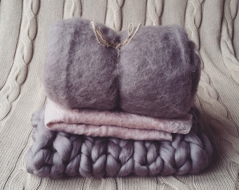 Baby Photo Prop Trio Blanket Set Chunky Bump Basket Stuffer Fluff