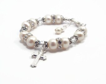 First Communion Bracelet, Baby Bracelet, Baptism ,Christening Bracelet, Baby Shower Gift, Pearl Bracelet, Flower Girl Bracelet B10588