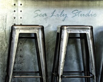 Bar Stools : photography industrial photo steel blue gray stark metal home decor restaurant 8x12 12x18 16x24 20x30 24x36
