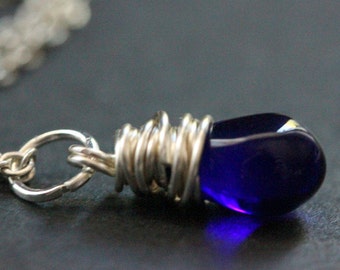 Cobalt Blue Teardrop Necklace in Silver. Bridesmaid Necklace. Cobalt Blue Necklace. Wire Wrapped Teardrop Pendant. Handmade Jewelry.