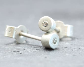 Christmas Gift Idea For Wife / Simple Diamond studs, 3.5mm Silver Studs With 1mm White Diamonds
