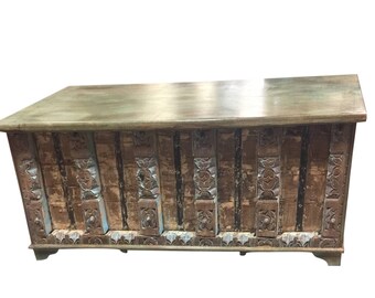 Vintage Trunk Distressed Natural Wood Bench Table Antique Chest Old Doors Rustic FARMHOUSE Bohemian Interior CLEARANCE SALE