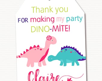 Girl Dinosaur Thank You Tag, Dinosaur Favor Tag, Dinosaur Thank You Tag, Dinosaur Gift Tag, Party Bag Tag, Personalized, PRINTABLE