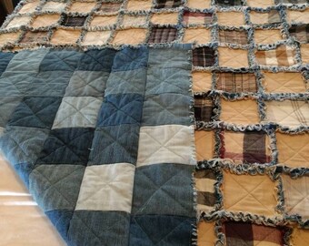 Ragtime quilt of cotton with a middle layer of poly-cotton batting, and recycled denim backing. QT12