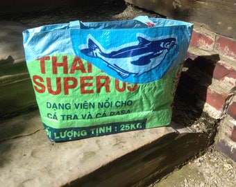 Eco-Art Recycled Plastic Market Tote, Rice Bag, made of upcycled rice bags and feed sacks, purse, handbag