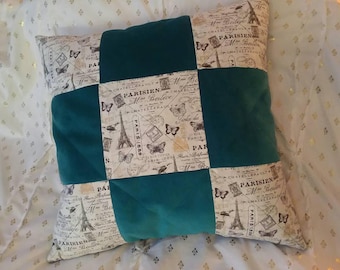 Quilted Paris and Soft Teal Throw Pillow