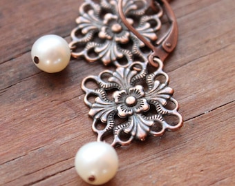 Antiqued Copper & Freshwater Pearl Earrings