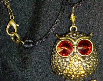OWL NECKLACE, Large Amber bling eyes, Black silk chain, wire wrapped, RedRobinArt, Grigsby Gallery