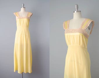 30s Slip // 1930’s Yellow Slip Dress w/ Ecru Lace Panels // S-M