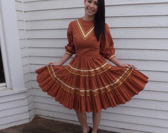 Vintage Patio Dress Full Skirt Country Ric Rac Cotton Square Dance XS S