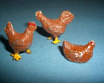 Vintage toy hollow cast farmyard Rooster and 2 x Hens by Britains 1940s/50s model