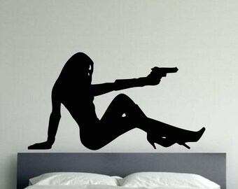 Wall Decals Silhouette of a Beautiful with Gun Girl Vinyl Stickers Mural MK0457