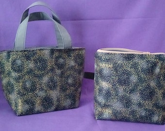 Handbag and Zippered Pouch Set (Black w/Gold & Silver Dust)