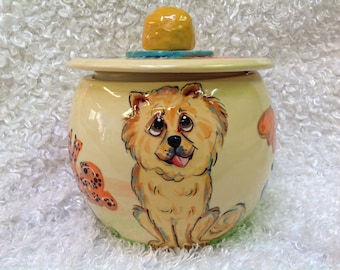 Ceramic Cookie Jar / Hand Painted / Treat Jar / Whimsical Dog / Dog Pottery / Chow / Kitchen / Custom / Debby Carman