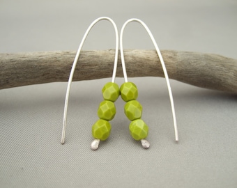 Pea Green Earrings - Chartreuse Czech Glass and Sterling Silver Modern Bead Earrings