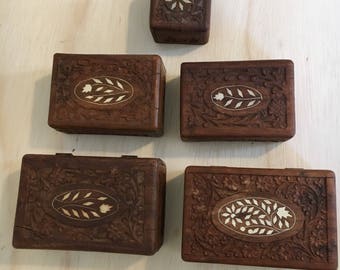 Set of 5 Vintage Indian carved wood Jewelry Boxes