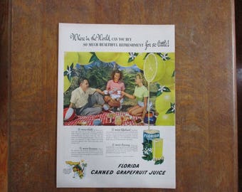 1950 Original Vintage Florida Grapefruit juice ad