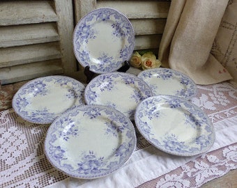 Set of 6 antique french lavender transferware dessert plates. Jeanne d'arc living. French Nordic decor. Lilac transferware.