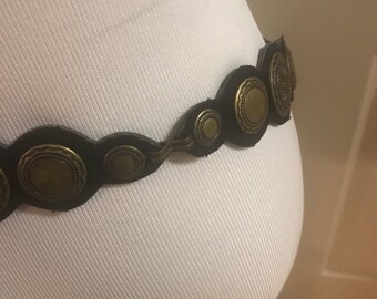 Medallion Belt - Black Suede and Gold Belt - Vintage Belt