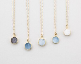 Tiny Round Druzy Pendant Necklace / Gold Edged Stone on 14k Gold fill Chain / Druzy Tiny Crystals Genuine Simple Gemstone Necklace / LN723