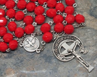 Czech Glass Rosary in Opaque Red; 5 Decade Rosary, Catholic Rosary, Come Holy Spirit Rosary, Veni Creator Spiritus, Men's Rosary, Large
