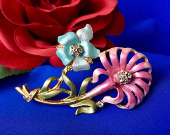 Vintage Enamel and Rhinestone Flower Brooch, Enamel Flower Pin
