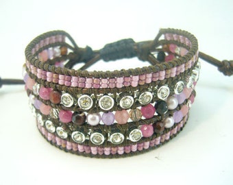 Purple freshwater pearl,CZ,beads,crystal,wrapped lather bracelet.