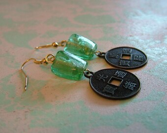 Faux Coin and Glass Dangling Earrings