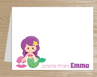 Personalized Kids' Stationery - Set of 10 Mermaid Notecards for Girls - Folded Note Cards with Envelopes - Custom Mermaid Notecards