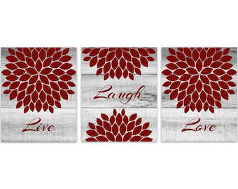 Live Laugh Love CANVAS or PRINTS, Home Decor Wall Art, Red Flower Burst Bathroom Wall Decor, Red Bedroom Wall Art - HOME150
