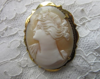 Large Gold Plated on Silver Carved Shell Cameo Brooch / Pin - vintage - mid century - ideal as a present