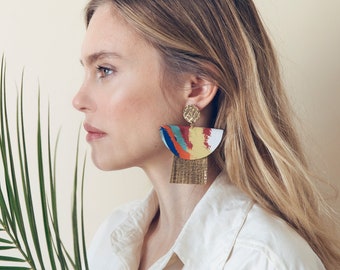Statement gold leather earrings with multicolored silk for women