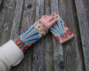 Hand knitted and felted fingerless gloves