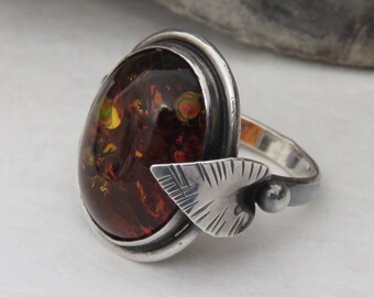 Amber ring, sterling silver ring, size 8, marked 925, vintage, 7.3 grams
