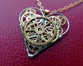 Steampunk Heart Pendant "Baird" Clockwork Necklace Industrial Gear Mechanical Watch Parts Love Gift Wife Girlfriend Birthday Gift