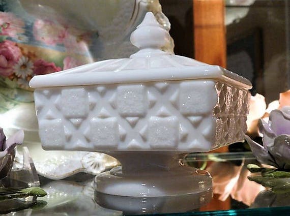 Westmoreland Milk Glass Candy Dish / Old Quilt / Mid Century Home Decor