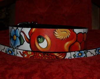 Tattoo leather dog collar 1X and 2 XL KOI 2 inches wide Cane be made for ANY size dog