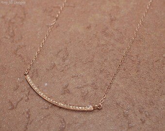 Pave Diamond Bar Necklace, Crescent Bar, Rose Gold Filled, Genuine Diamonds
