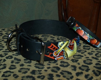 Tattoo leather dog collar 1X and 2 XL Nautical 2 inches wide