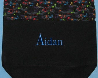 Child's personalized Piano Music tote bag lesson book embroidered black canvas just for boys guys musician kids birthday gift idea