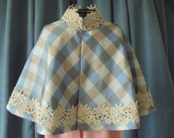 Victorian Party Cape-blue plaid--flower trim--Dickens festivals--Christmas pagents, carolers--Wedding--OOAK