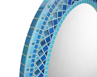 Oval Mirror | Mosaic Wall Mirror | Bathroom Mirror | Powder Room Mirror | Periwinkle-Sky Blue, Aqua, Royal Blue, Turquoise
