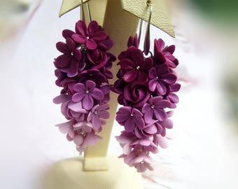 Purple earrings Flowers dangle earrings Lilac earrings Long earrings Pink earrings Gift for women Big earrings Purple flower earrings