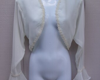 90s Vintage White Bolero Shrug Top / Ruffle Cropped Topper Jacket // Sz Med