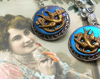 1800s BUTTON earrings, Victorian BIRDS on blue steel. Antique button jewellery.