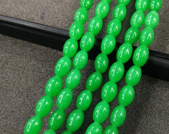 Small Green Jade Oval Rice Beads 6x9mm -44pcs/Str