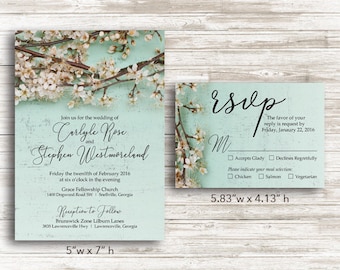 Paper Cherry Blossom Wedding Invitations and RSVP Cards with Envelopes