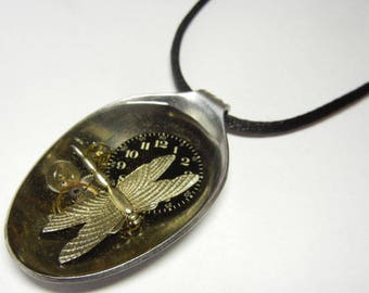 Steampunk Dragonfly Altered Art Watch Parts and Gears Resin Vintage Spoon Pendant with Necklace
