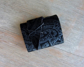 Mini Blank Book, Upcycled Black Paisley Leather Long Stitch, Ready to Ship